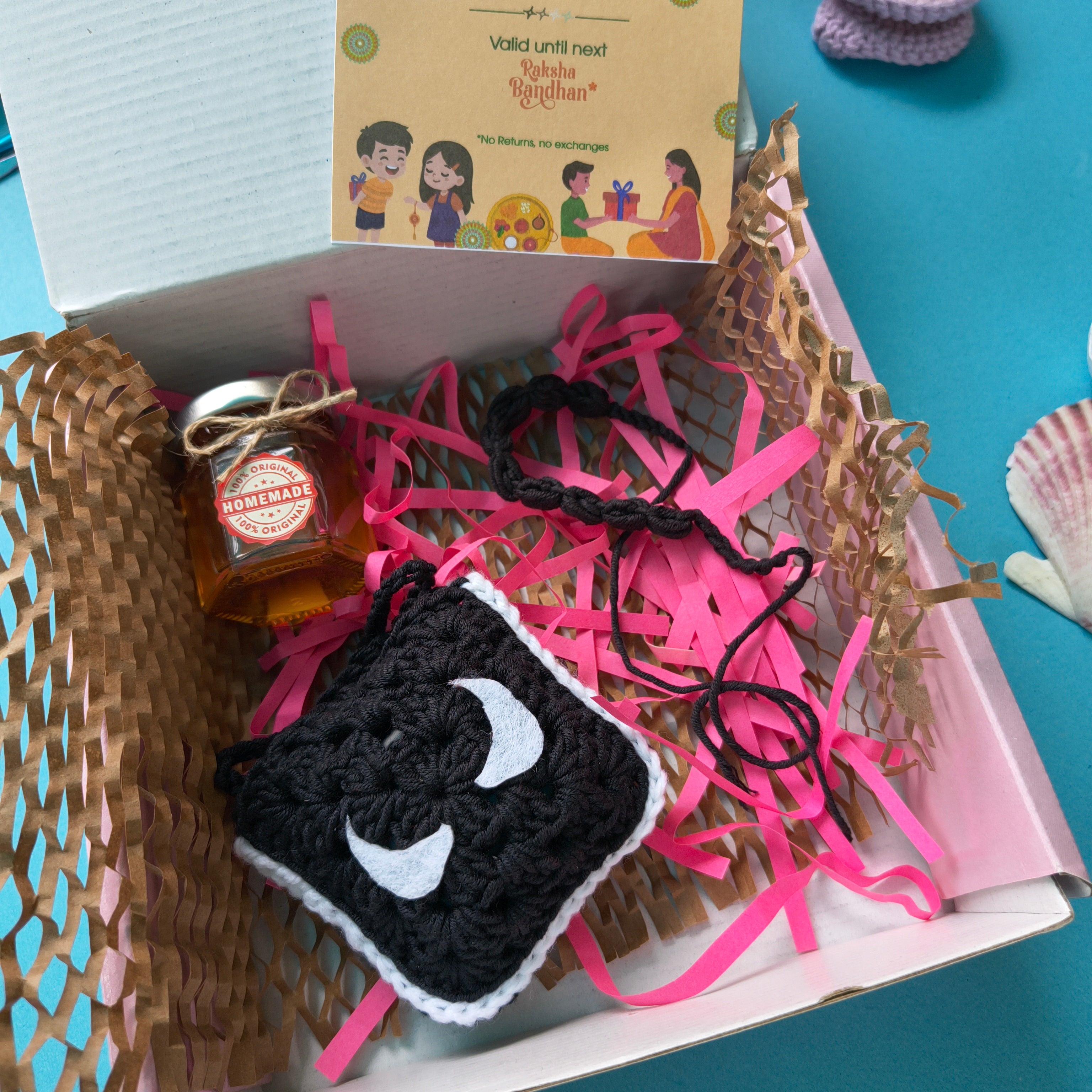 Pocket Box | Handmade Rakhi Gift Box with Venom Earbuds Pouch, Honey & Greeting Card