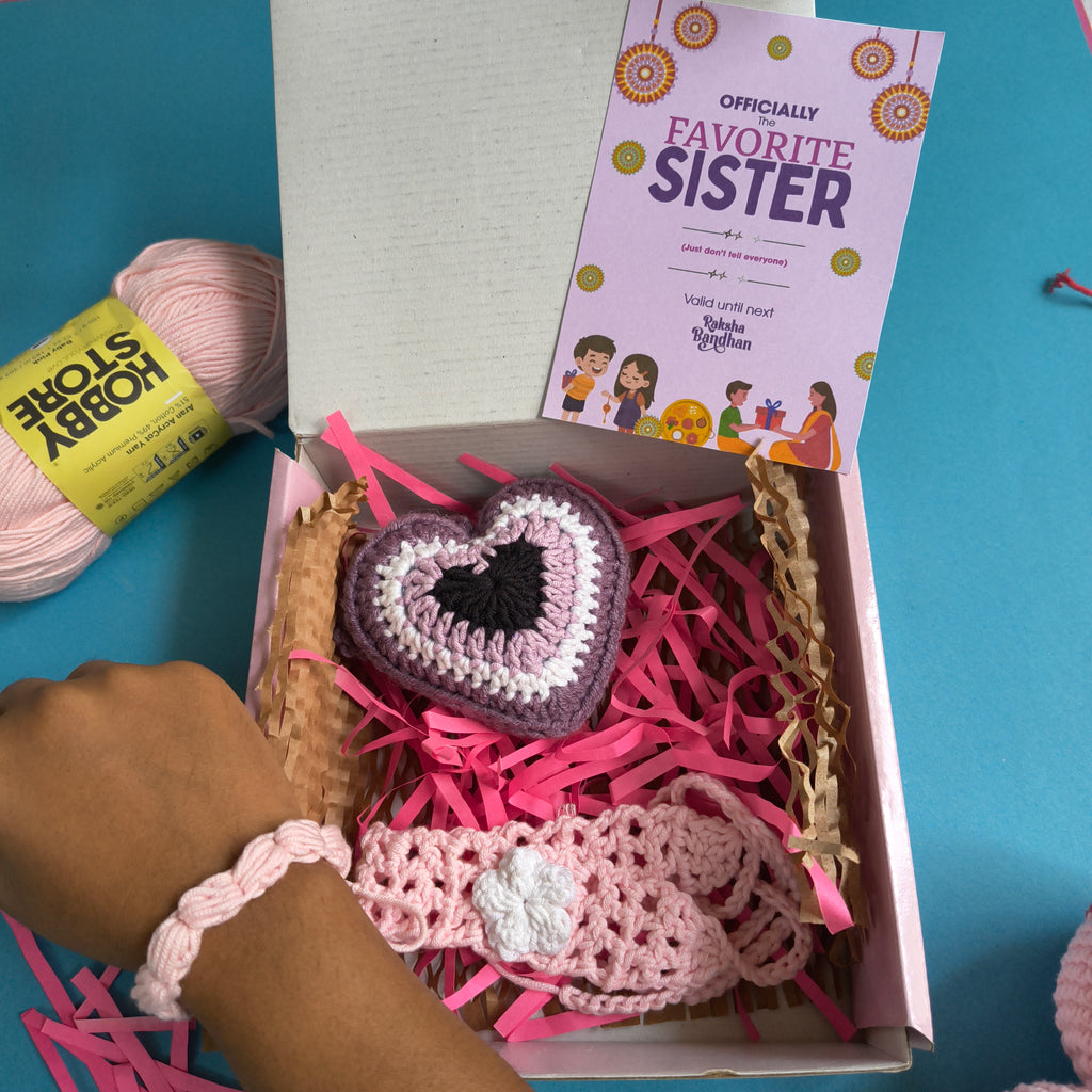 Everyday Box | Handmade Sister Rakhi Gift Box with Pink Headband, Evil Eye Heart Keychain & Greeting Card