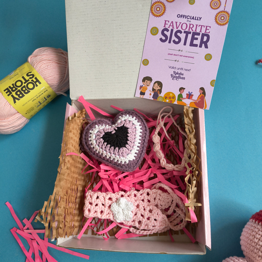 Everyday Box | Handmade Sister Rakhi Gift Box with Pink Headband, Evil Eye Heart Keychain & Greeting Card