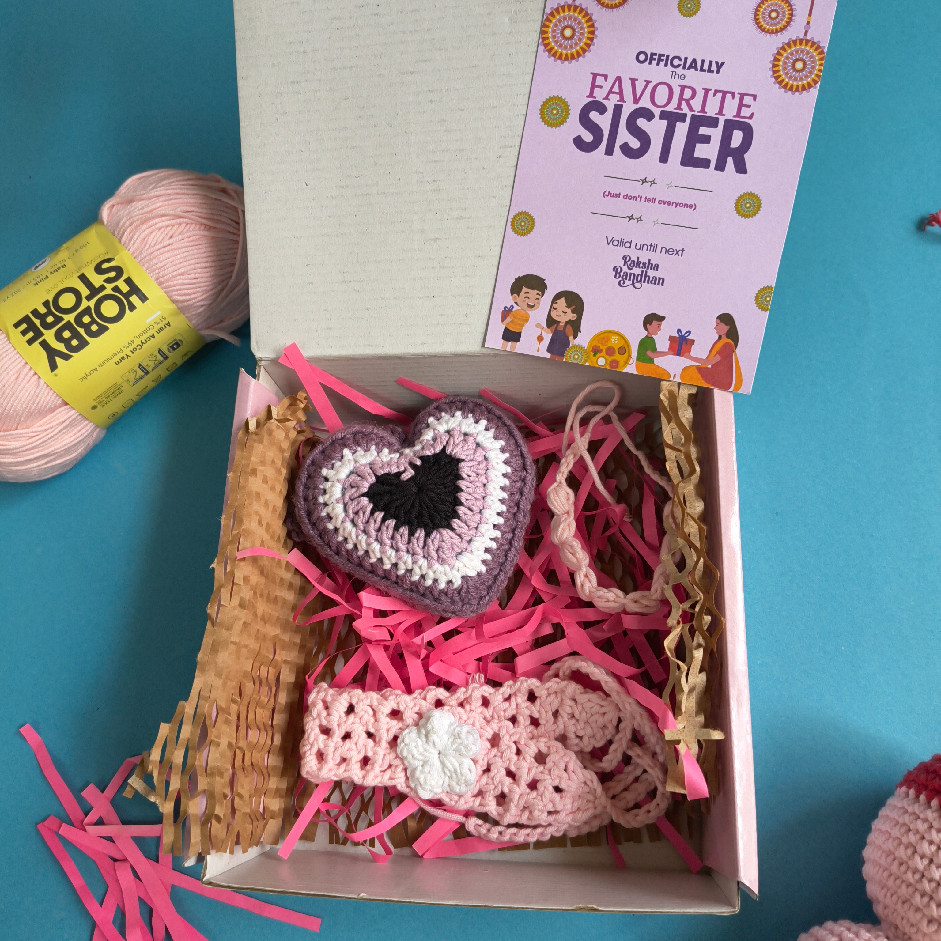 Everyday Box | Handmade Sister Rakhi Gift Box with Pink Headband, Evil Eye Heart Keychain & Greeting Card