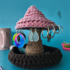 Mushroom Jewellery Holder | Handmade Earring Stand with Ring & Chain Tray in Pink & Brown