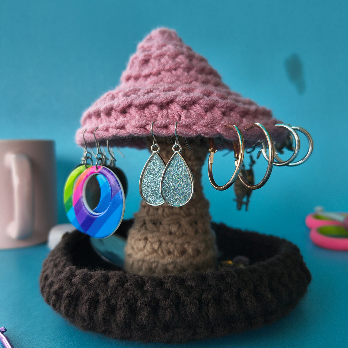 Mushroom Jewellery Holder | Handmade Earring Stand with Ring & Chain Tray in Pink & Brown