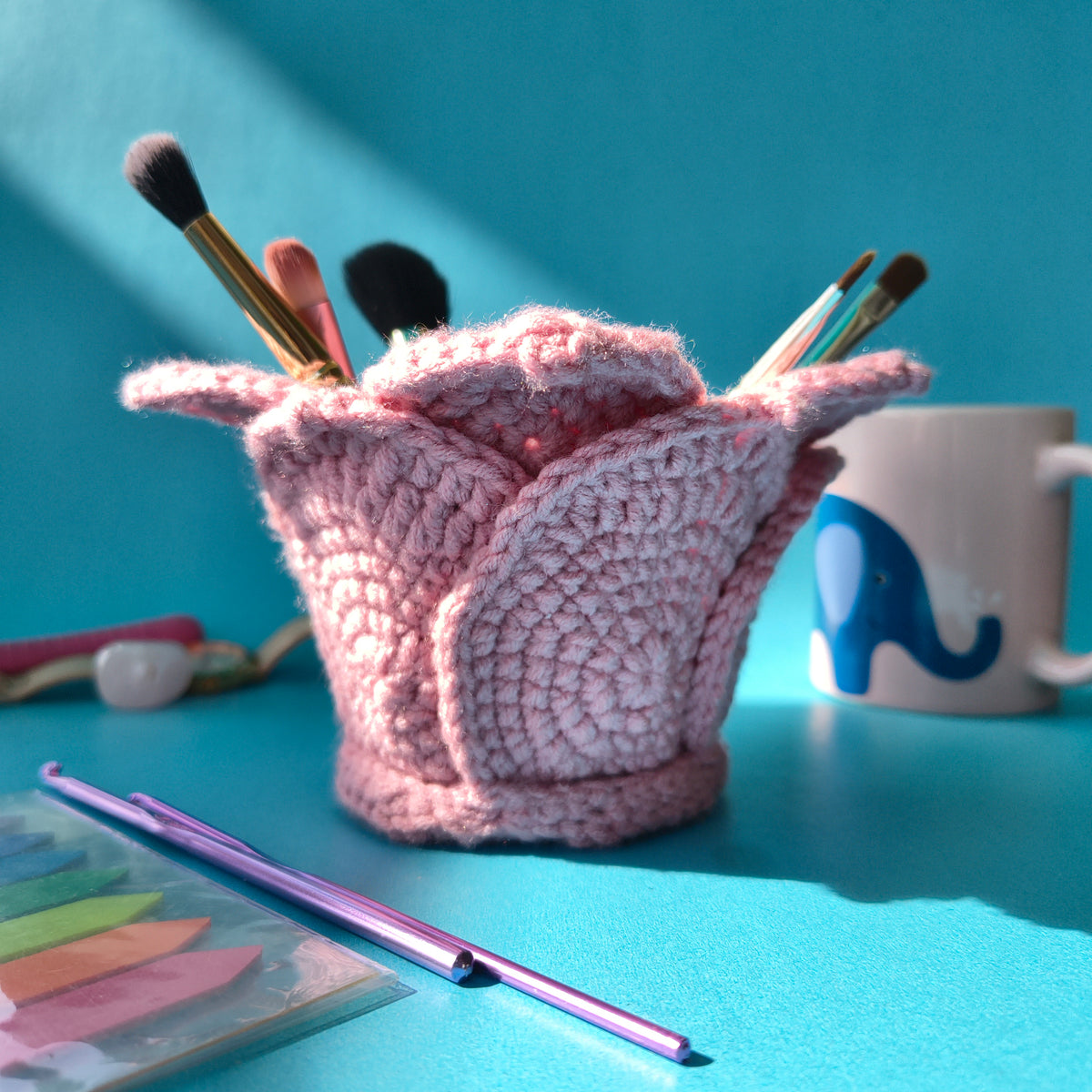 Lotus Makeup Brush Holder | Handmade Brush Organizer in Pink (Crochet)