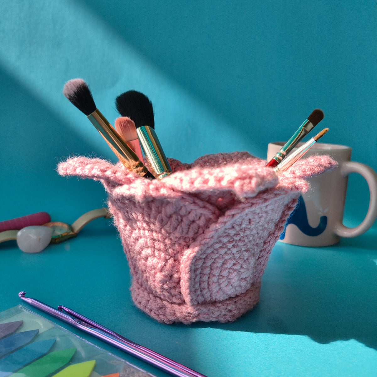 Lotus Makeup Brush Holder | Handmade Brush Organizer in Pink (Crochet)