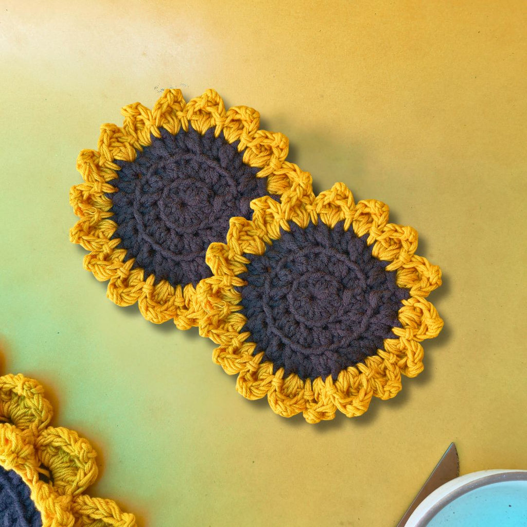 Handmade Sunflower Coasters – Set of 2 Crochet Floral Drink Mats (5 inch)