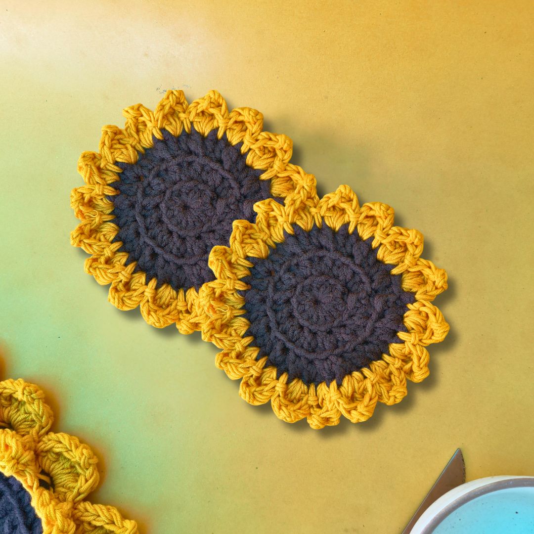 Handmade Sunflower Combo – Set of 2 Table Mats + Set of 2 Coasters | Crochet Floral Table Decor Set