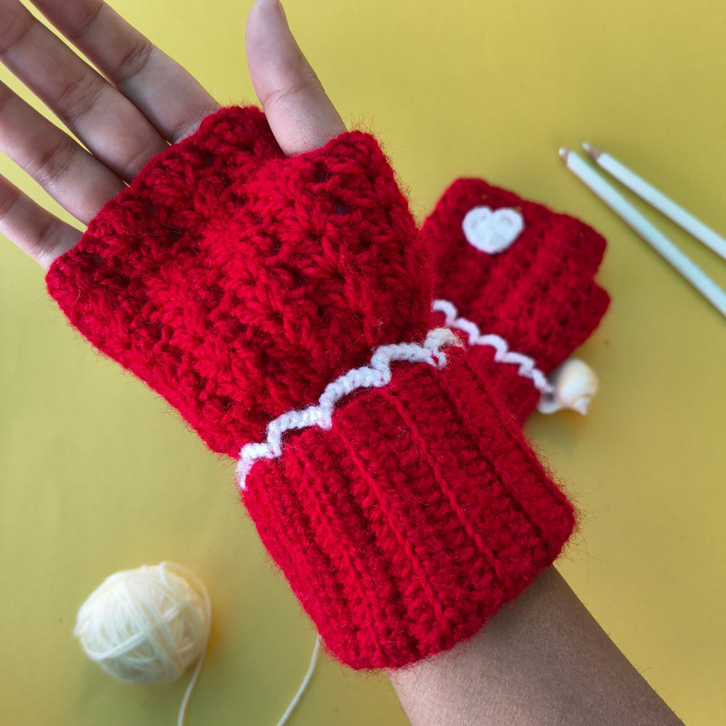 Gloves – Red Fingerless Crochet Handwarmers with White Heart | Handmade Ribbed Wrist Gloves with Lace Detailing