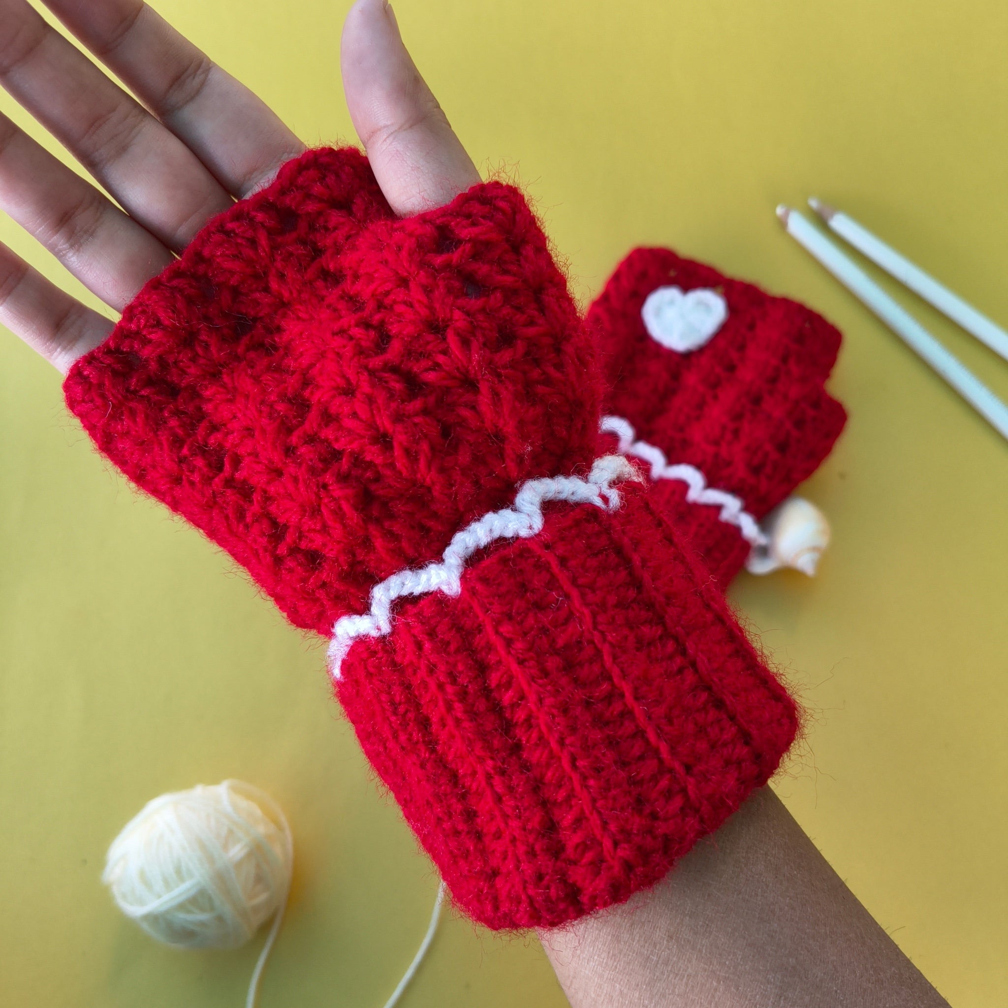 Gloves – Red Fingerless Crochet Handwarmers with White Heart | Handmade Ribbed Wrist Gloves with Lace Detailing