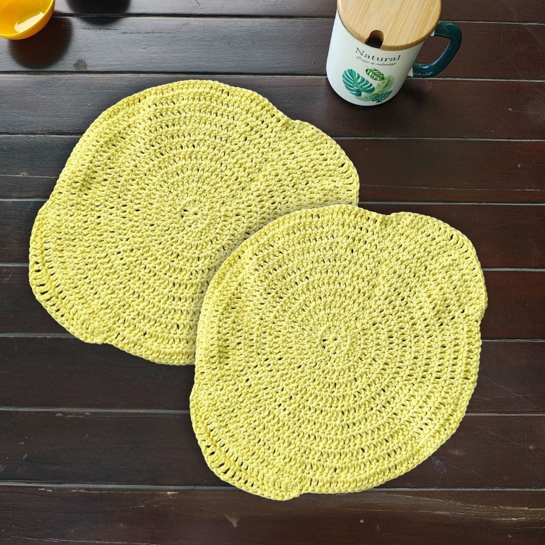 Table Mat - Set of 2 - Handmade Lemon Crochet – 12.5" Round Citrus Placemat
