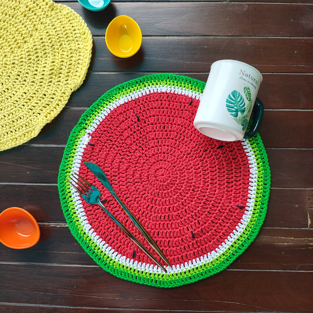 Table Mat - Set of 2 - Handmade Watermelon Crochet Placemats – 13.5" Round