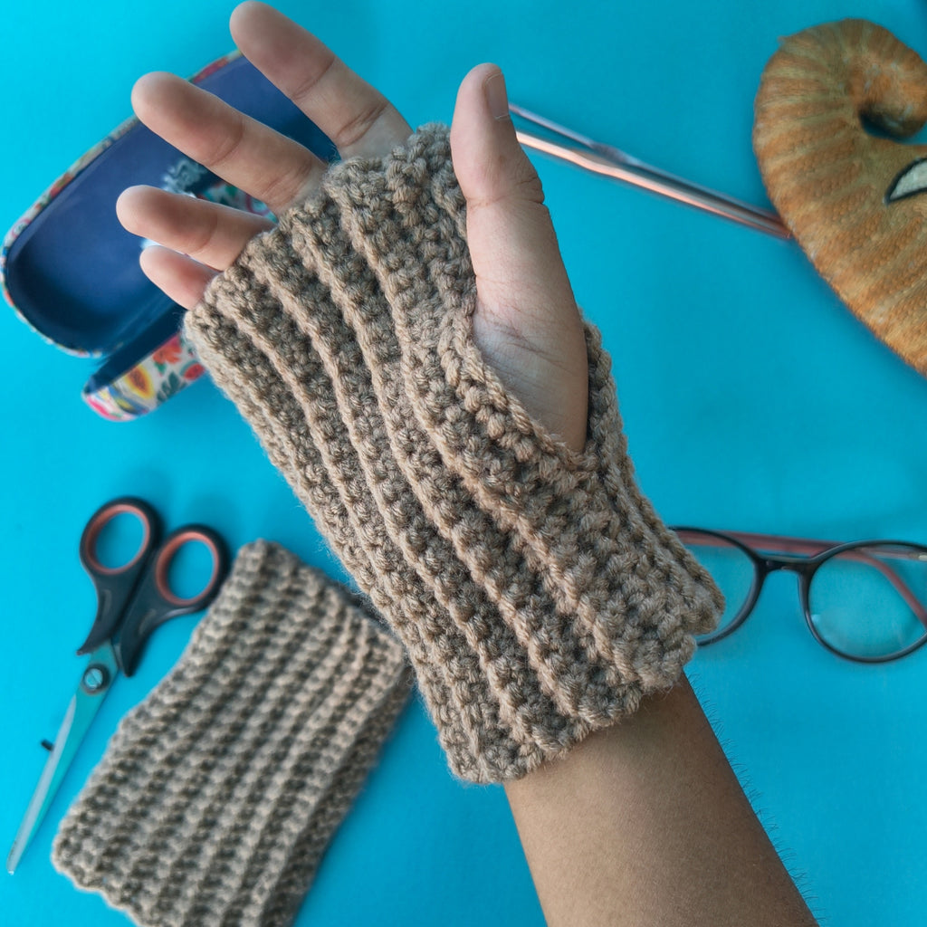 Gloves – Brown Fingerless Crochet Handwarmers | Handmade Fully Ribbed Stretch Gloves