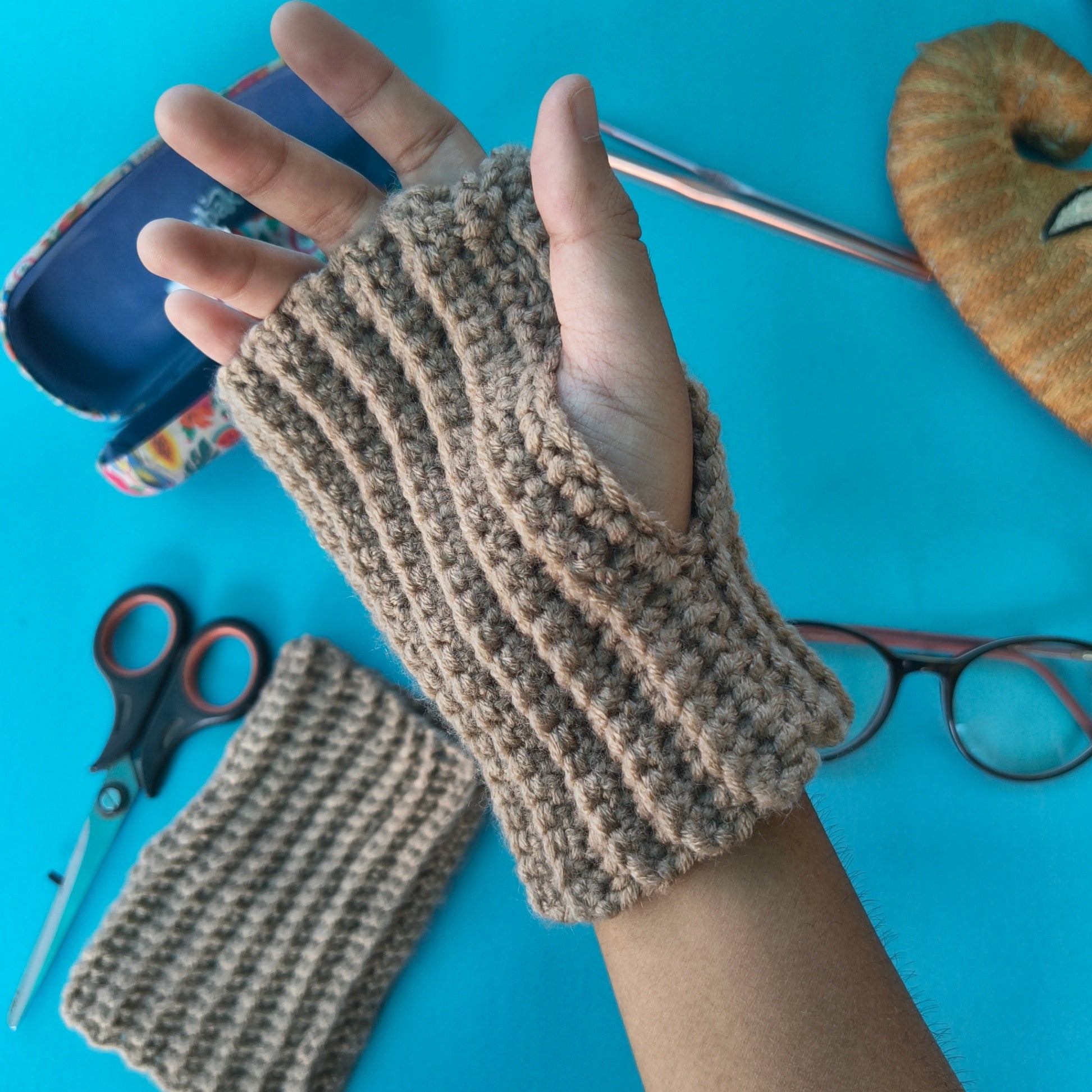 Gloves – Brown Fingerless Crochet Handwarmers | Handmade Fully Ribbed Stretch Gloves