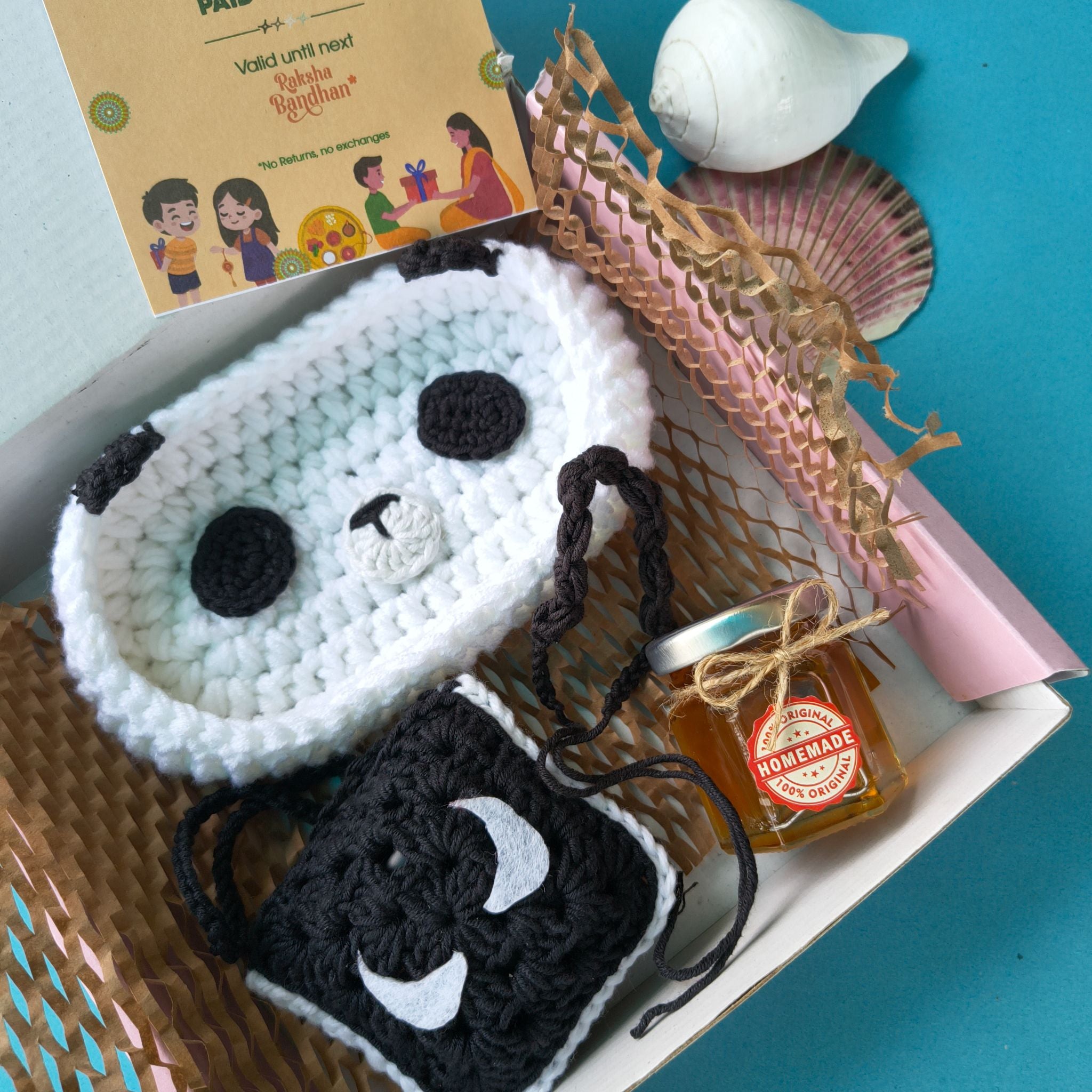Desk Box | Handmade Rakhi Gift Box with Panda Eyeglass Holder, Pouch, Honey & Greeting Card