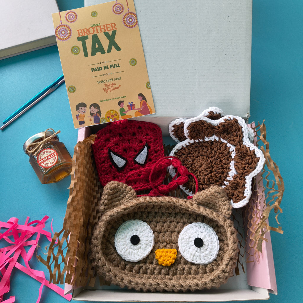 Signature Box | Handmade Rakhi Gift Box with Owl Eyeglass Holder, Dog Coasters, Pouch, Honey & Greeting Card