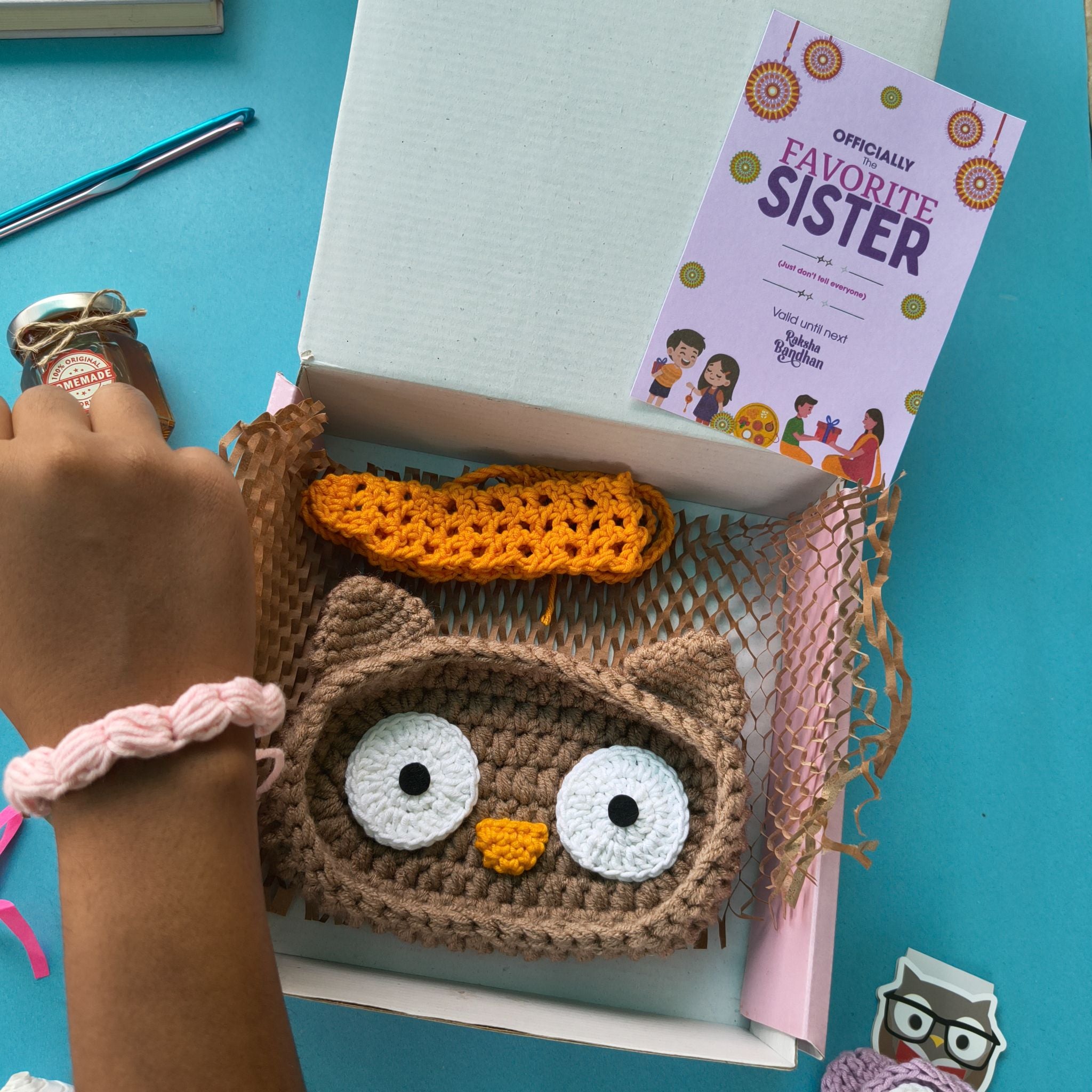 Desk Box | Handmade Sister Rakhi Gift Box with Owl Specs Holder, Headband, Rakhi & Greeting Card