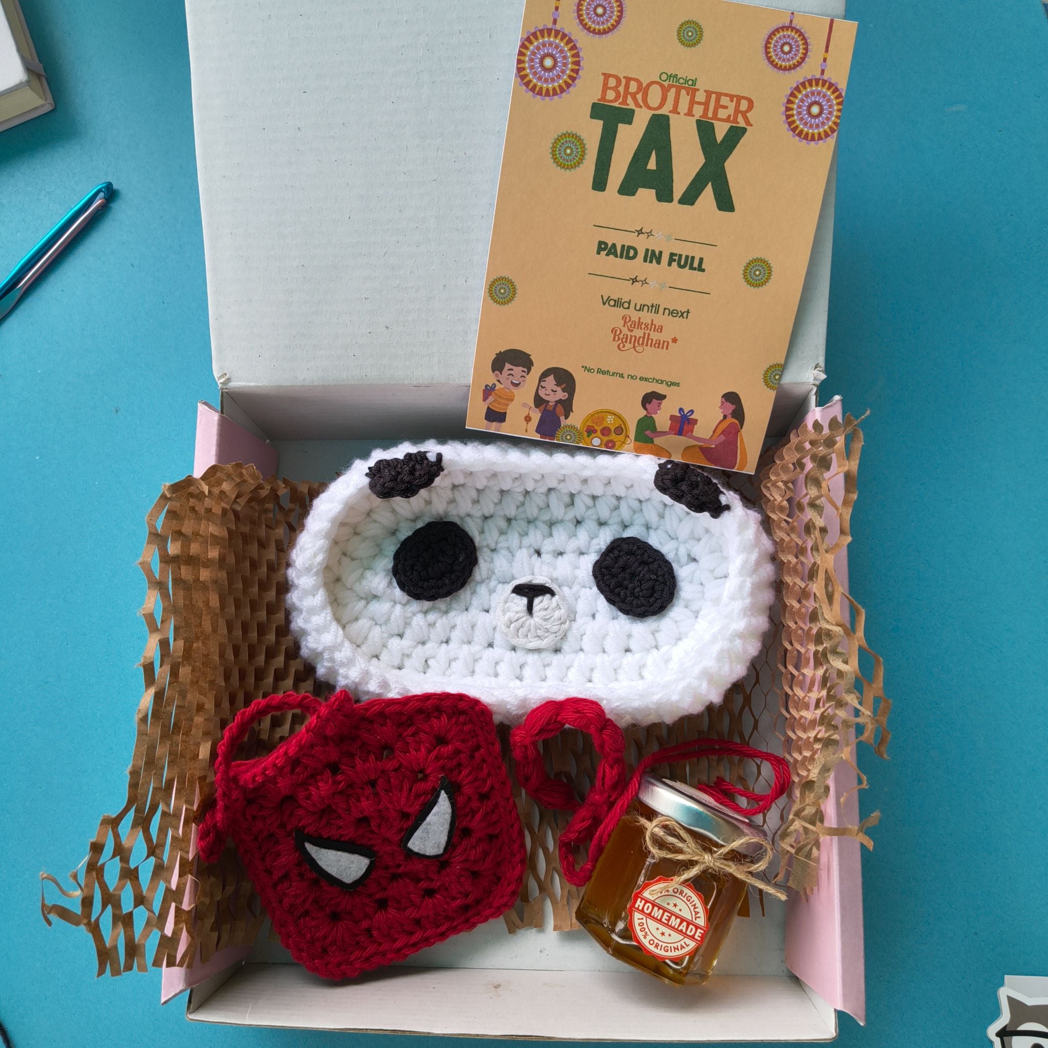 Desk Box | Handmade Rakhi Gift Box with Panda Eyeglass Holder, Pouch, Honey & Greeting Card