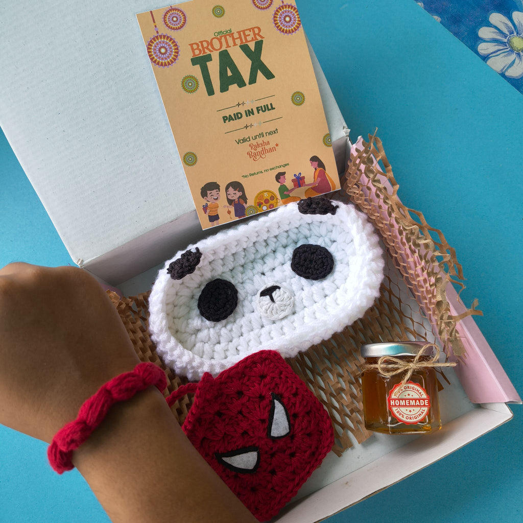 Desk Box | Handmade Rakhi Gift Box with Panda Eyeglass Holder, Pouch, Honey & Greeting Card
