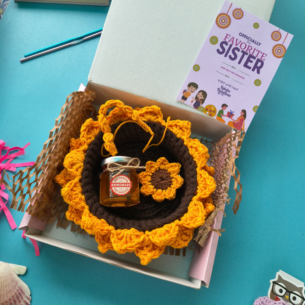 Sunshine Box | Handmade Sister Rakhi Gift Box with Sunflower Basket, Hair Clip, Rakhi, Honey & Greeting Card