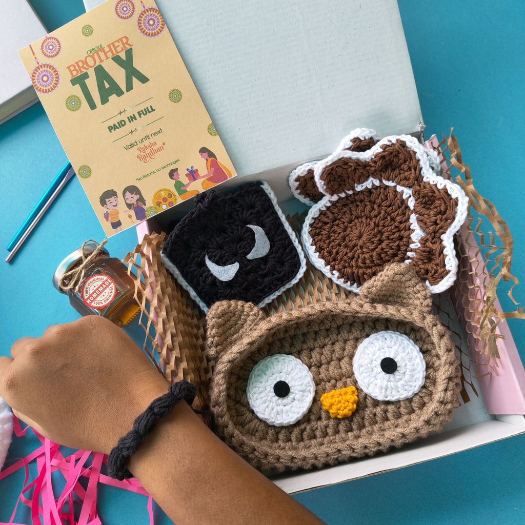 Signature Box | Handmade Rakhi Gift Box with Owl Eyeglass Holder, Dog Coasters, Pouch, Honey & Greeting Card