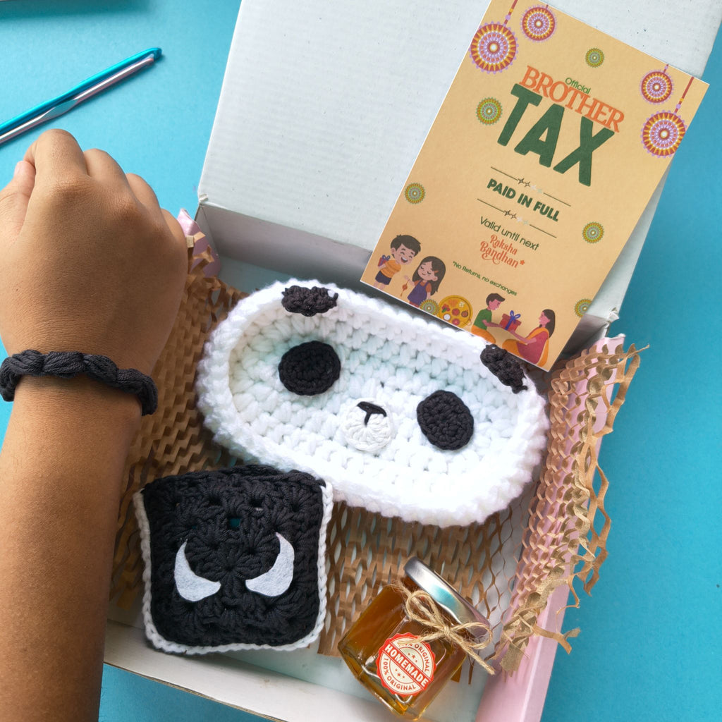 Desk Box | Handmade Rakhi Gift Box with Panda Eyeglass Holder, Pouch, Honey & Greeting Card