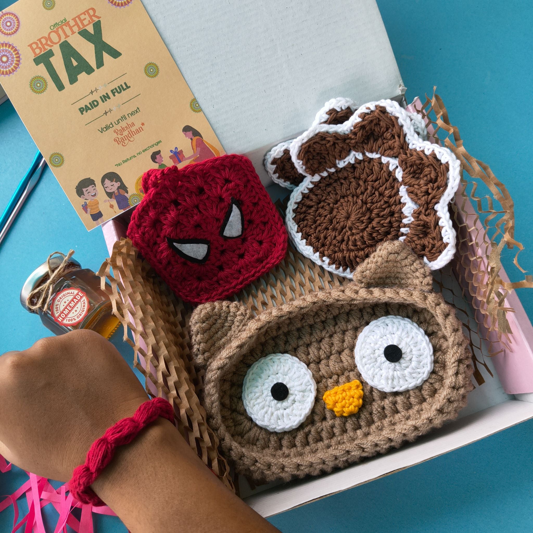 Signature Box | Handmade Rakhi Gift Box with Owl Eyeglass Holder, Dog Coasters, Pouch, Honey & Greeting Card