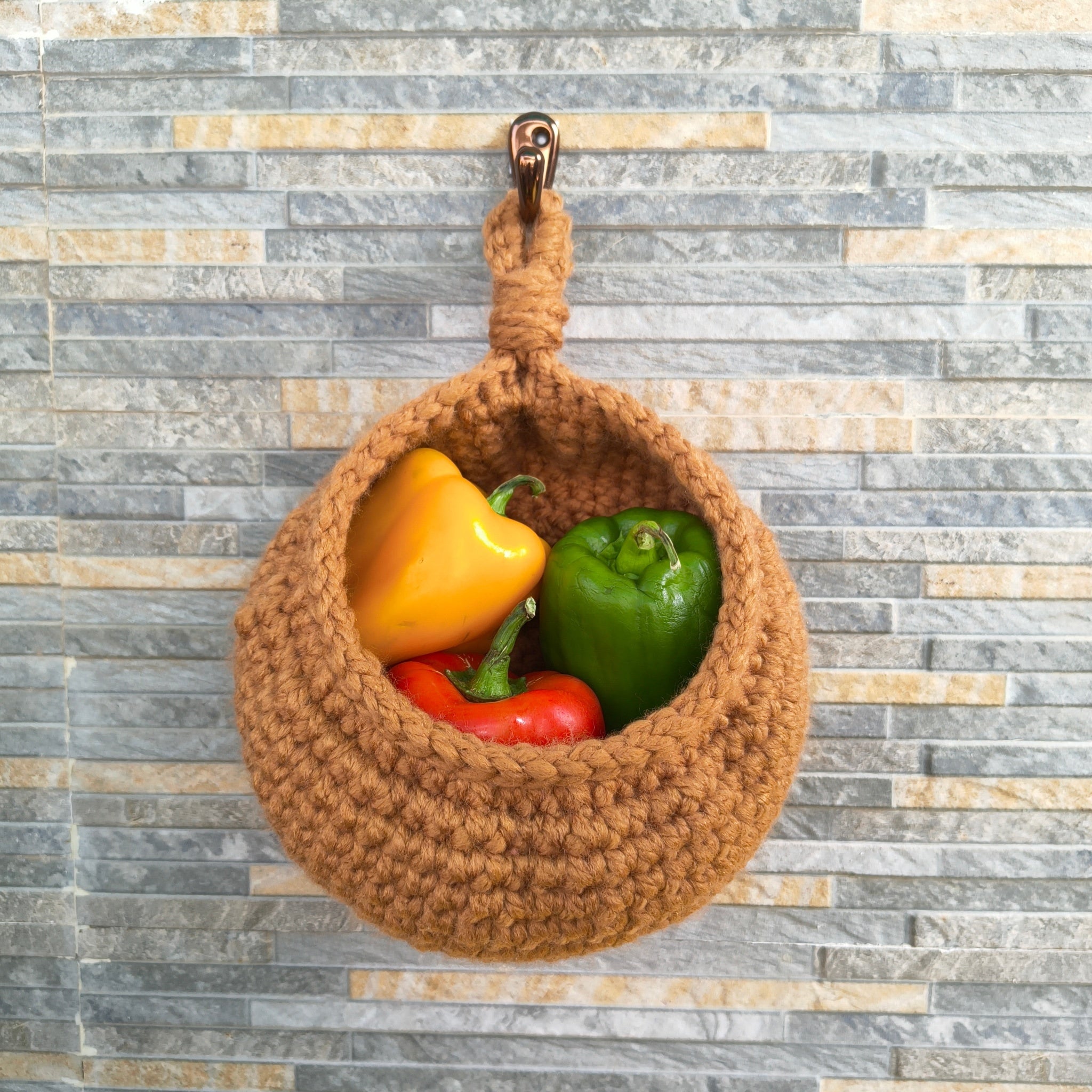 Hanging Kitchen Basket – Handmade Crochet Cocoon Storage Basket with Metal Ring (Brown)