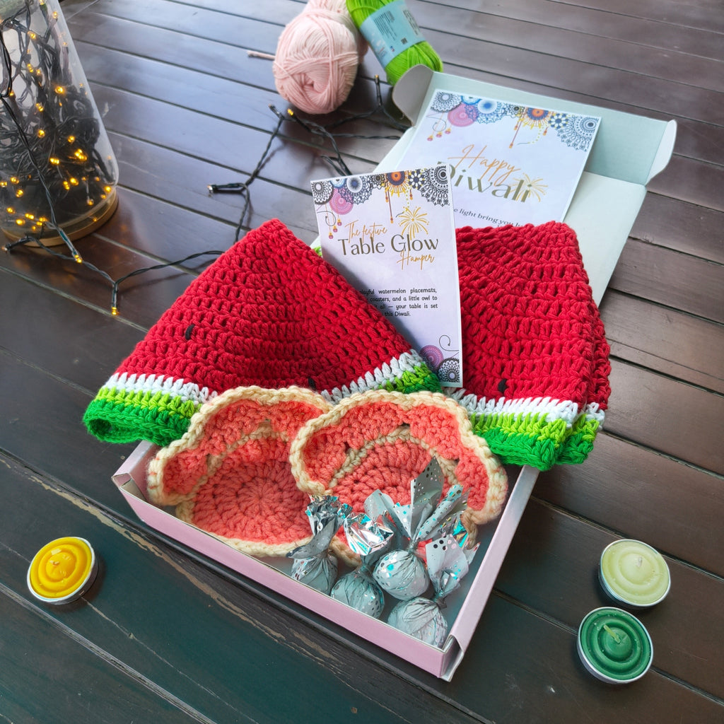 Hamper Festive Table Glow Set– Crochet Diwali Gift Set with Watermelon Placemats, Kitty Paw Coasters