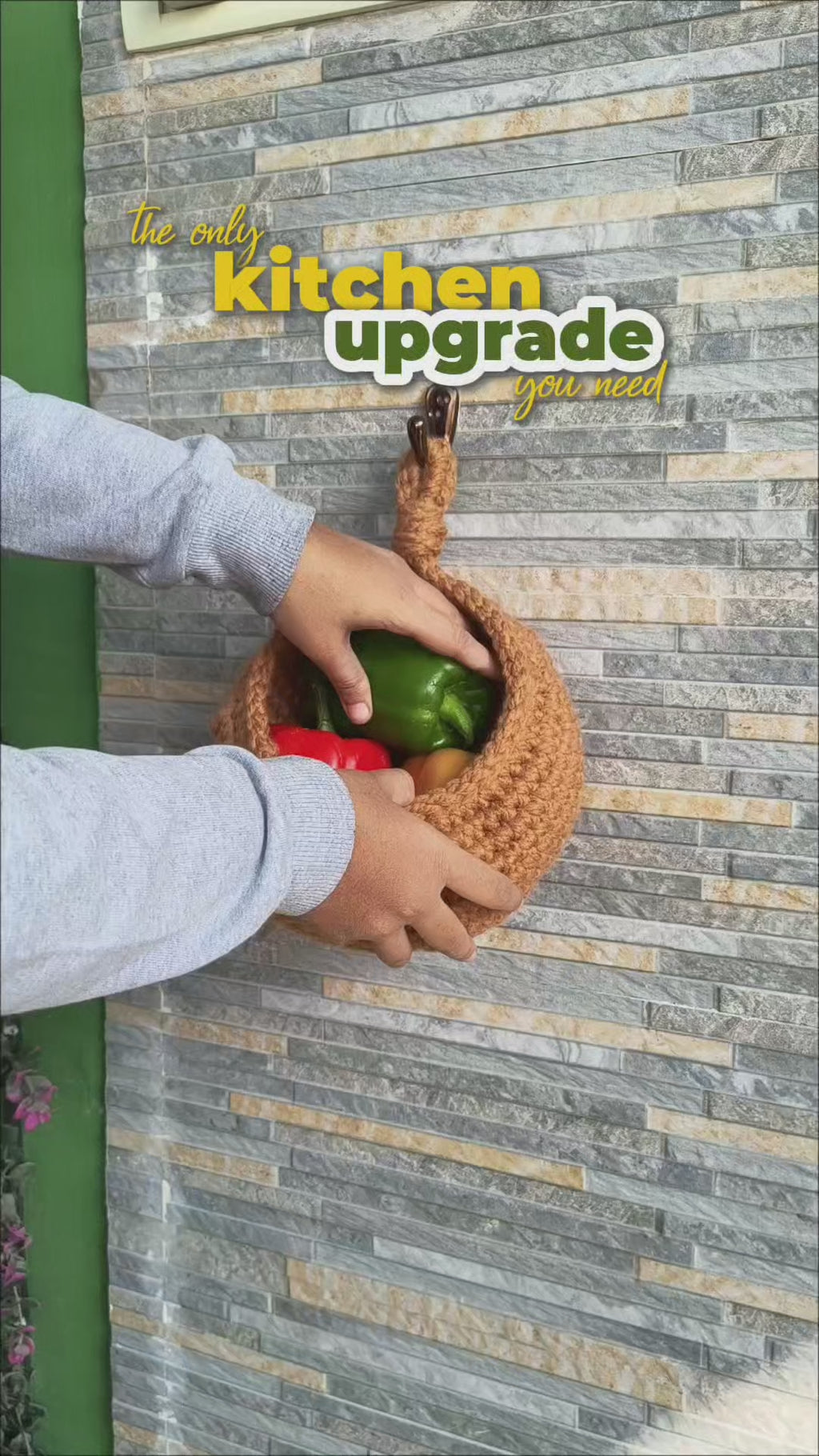 Hanging Kitchen Basket – Handmade Crochet Cocoon Storage Basket with Metal Ring (Brown)