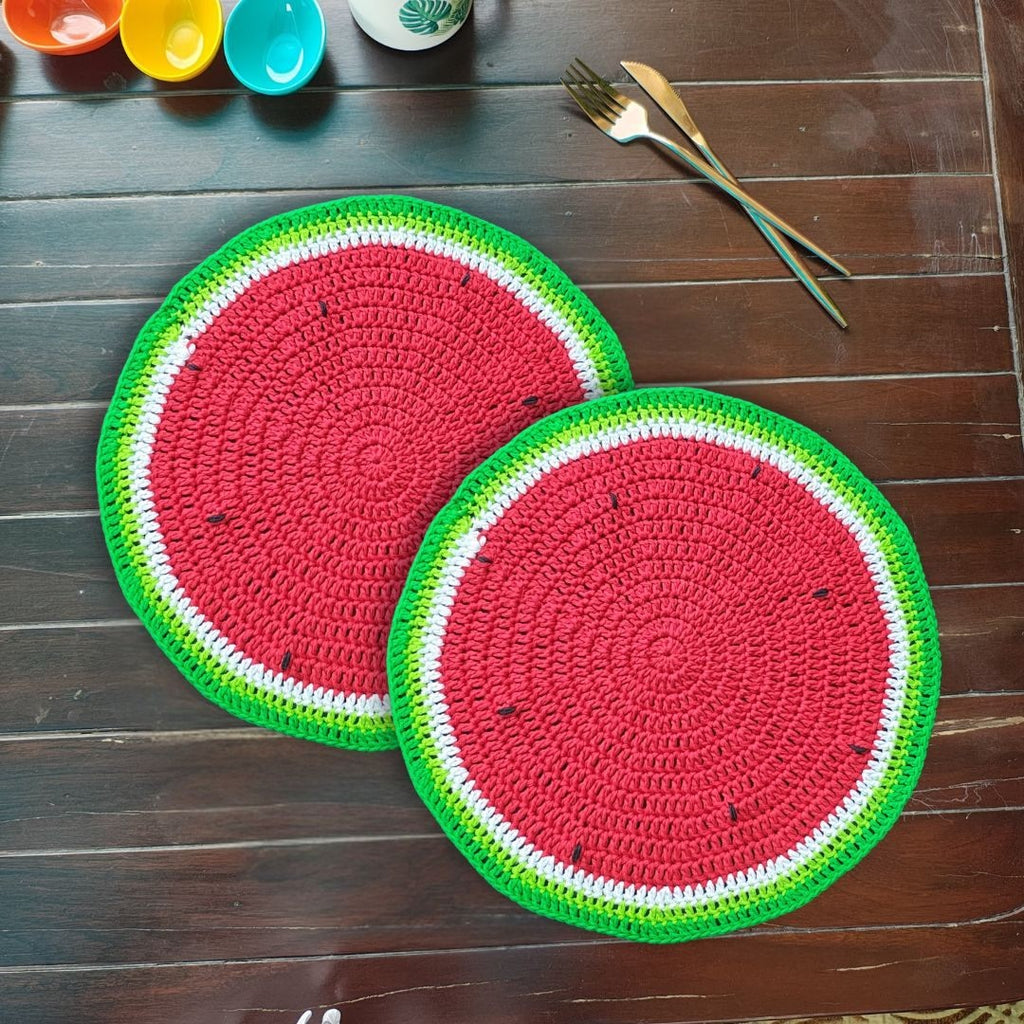 Table Mat - Set of 2 - Handmade Watermelon Crochet Placemats – 13.5" Round