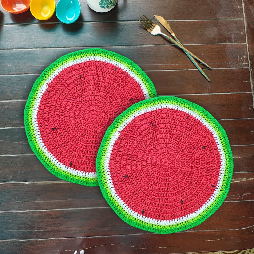 Table Mat - Set of 2 - Handmade Watermelon Crochet Placemats – 13.5" Round