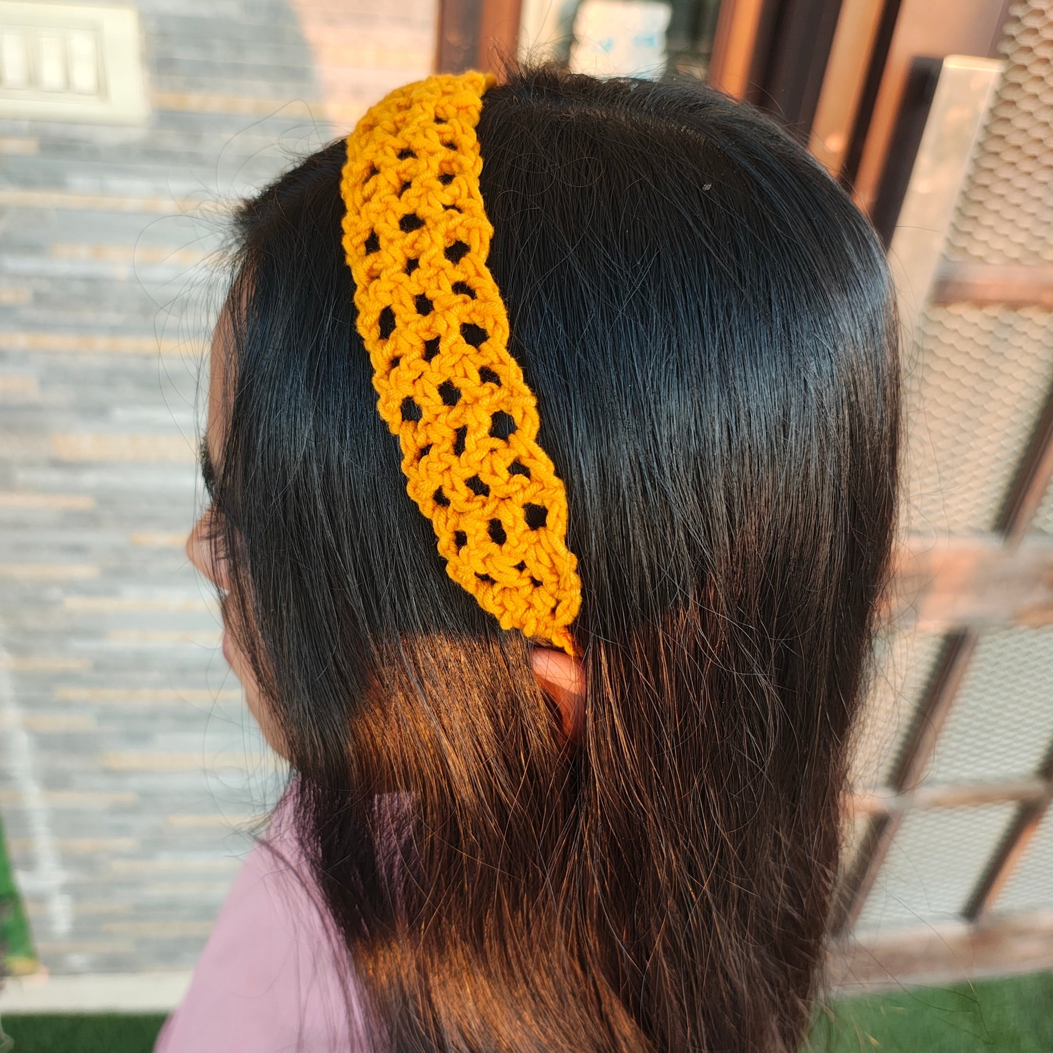 Headband (Yellow Crochet Net Design) – Handmade Lightweight Hair Accessory